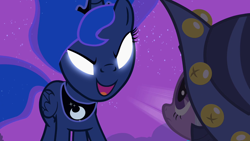 Size: 1280x720 | Tagged: safe, imported from derpibooru, screencap, princess luna, twilight sparkle, alicorn, pony, unicorn, luna eclipsed, female, glowing eyes, mare, star swirl the bearded costume, traditional royal canterlot voice