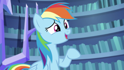 Size: 1920x1080 | Tagged: safe, imported from derpibooru, screencap, rainbow dash, pegasus, pony, scare master, female, library, mare, solo, twilight's castle, twilight's castle library