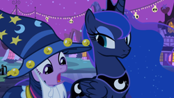 Size: 1280x720 | Tagged: safe, imported from derpibooru, screencap, princess luna, twilight sparkle, alicorn, pony, unicorn, luna eclipsed, female, mare, star swirl the bearded costume, unicorn twilight