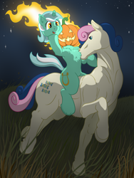 Size: 2448x3264 | Tagged: safe, artist:wispy tuft, imported from derpibooru, bon bon, lyra heartstrings, sweetie drops, dullahan, earth pony, headless horse, horse, pony, unicorn, chest fluff, disembodied head, female, fire, halloween, headless, headless horseman, headless mare, hoers, holiday, horsified, i can tell by the pixels, jack-o-lantern, lesbian, lyra riding bon bon, lyrabon, modular, muscles, nightmare night, not salmon, ponies riding horses, ponies riding ponies, pretty mare, pumpkin, pumpkin head, riding, shipping, shitposting, story included, wat