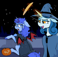 Size: 1200x1178 | Tagged: safe, artist:paskanaakka, derpibooru exclusive, imported from derpibooru, oc, oc only, oc:cerulean swirls, oc:midnight dew, unicorn, vampire, vampony, baguette, bread, clothes, colored hooves, costume, fake wings, fangs, female, floppy ears, food, halloween, hat, holiday, jack-o-lantern, mare, night, owo, pumpkin, witch hat