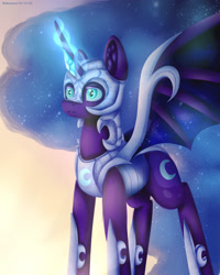 Size: 2000x2500 | Tagged: source needed, safe, artist:brilliant-luna, imported from derpibooru, nightmare moon, alicorn, pony, armor, bat wings, ear fluff, ethereal mane, female, jewelry, regalia, solo, starry mane, wings