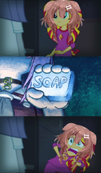 Size: 764x1312 | Tagged: safe, artist:2snacks, edit, edited screencap, imported from derpibooru, screencap, maud pie, sunset shimmer, equestria girls, rainbow rocks, exploitable meme, hololive, korone inugami, meme, nekomata okayu, scared, soap, sunset screamer, vtuber