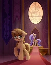 Size: 1024x1297 | Tagged: safe, artist:emeraldgalaxy, imported from derpibooru, princess celestia, oc, oc only, alicorn, pony, unicorn, commission, female, floppy ears, glasses, leaving, looking back, mare, sad, solo, throne room