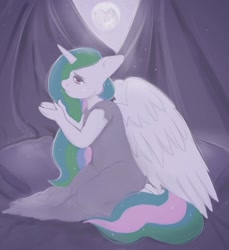 Size: 1175x1280 | Tagged: safe, artist:chumacha, imported from derpibooru, princess celestia, anthro, clothes, dress, mare in the moon, moon, solo