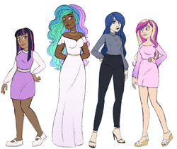 Size: 1413x1192 | Tagged: safe, artist:unicorngutz, imported from derpibooru, princess cadance, princess celestia, princess luna, twilight sparkle, human, alternate hairstyle, belt, clothes, dark skin, diversity, dress, feet, female, grin, group, half-siblings, high heels, humanized, jeans, jewelry, lipstick, makeup, mary janes, necklace, pale skin, pants, royal sisters, sandals, shirt, shoes, siblings, simple background, sisters, skirt, smiling, socks, step-siblings, stockings, sweater, thigh highs, white background