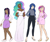 Size: 1413x1192 | Tagged: safe, artist:unicorngutz, imported from derpibooru, princess cadance, princess celestia, princess luna, twilight sparkle, human, alternate hairstyle, belt, clothes, dark skin, diversity, dress, feet, female, grin, group, half-siblings, high heels, humanized, jeans, jewelry, lipstick, makeup, mary janes, necklace, pale skin, pants, royal sisters, sandals, shirt, shoes, siblings, simple background, sisters, skirt, smiling, socks, step-siblings, stockings, sweater, thigh highs, white background