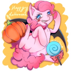 Size: 1000x1000 | Tagged: artist needed, safe, artist:roya, imported from derpibooru, pinkie pie, earth pony, pony, bat wings, blushing, candy, food, halloween, holiday, lollipop, pumpkin, solo, wings