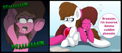 Size: 4650x2000 | Tagged: safe, artist:aarondrawsarts, imported from derpibooru, oc, oc:brain teaser, oc:rose bloom, earth pony, pony, undead, zombie, bored, brainbloom, chest fluff, comic, drool, earth pony oc, female, glasses, halloween, holiday, lying down, lying on top of someone, male, mare, messy mane, nightmare night, oc x oc, shipping, stallion, straight, tired