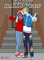 Size: 1106x1500 | Tagged: safe, artist:linedraweer, imported from derpibooru, rainbow dash, oc, oc:rainbow lightspeed, human, equestria girls, clothes, commission, converse, costume, equestria guys, halloween, halloween costume, happy halloween, holiday, humanized, peace sign, r63 oc, rainbow blitz, rule 63, shoes