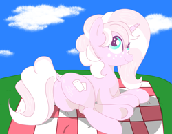 Size: 2365x1838 | Tagged: safe, artist:marshmallowfluff, edit, imported from derpibooru, oc, oc only, oc:marshmallow fluff, pony, unicorn, butt, explicit source, freckles, lying down, plot, solo