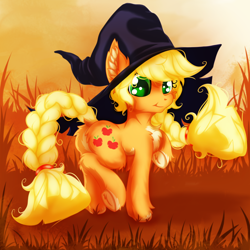 Size: 2500x2500 | Tagged: safe, artist:rurihal, imported from derpibooru, applejack, earth pony, pony, alternate hairstyle, braid, braided tail, butt, chest fluff, clothes, costume, cute, ear fluff, female, fluffy, grass, halloween, halloween costume, hat, holiday, jackabetes, mare, one hoof raised, plot, raised hoof, raised leg, smiling, solo, underhoof, witch hat