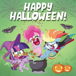 Size: 1080x1080 | Tagged: safe, imported from derpibooru, pinkie pie, rainbow dash, twilight sparkle, alicorn, bat, earth pony, pegasus, pony, vampire, my little pony: pony life, cauldron, clothes, clown, costume, g4.5, halloween, halloween costume, happy halloween, holiday, instagram, official, pumpkin, spider web, twilight sparkle (alicorn), witch