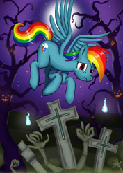 Size: 2480x3508 | Tagged: safe, imported from derpibooru, rainbow dash, pegasus, pony, cross, female, fim, gravestone, halloween, halloween 2020, holiday, moon, my little pony, mylittlepony, night, solo, stars, tree