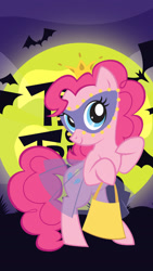 Size: 1080x1920 | Tagged: safe, imported from derpibooru, pinkie pie, bat, pony, bag, crown, female, halloween, holiday, jewelry, mare, mask, moon, night, regalia, smiling, solo, stock vector, trick or treat