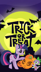 Size: 1080x1920 | Tagged: safe, imported from derpibooru, spike, twilight sparkle, alicorn, bat, dragon, unicorn, halloween, holiday, house, moon, night, pumpkin, smiling, stock vector, trick or treat, unicorn twilight