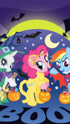 Size: 1080x1920 | Tagged: safe, imported from derpibooru, pinkie pie, rainbow dash, rarity, bat, mouse, pony, unicorn, candy, clothes, dress, female, food, halloween, holiday, mare, moon, night, pumpkin, stars, stock vector, witch