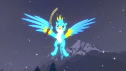 Size: 1280x720 | Tagged: safe, artist:horsesplease, imported from derpibooru, gallus, griffon, 3d, angel, gmod, heaven, khopesh, male, night, smiling, stars, sword, weapon