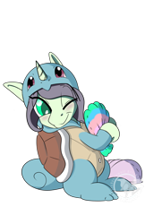 Size: 1600x2473 | Tagged: safe, artist:humble-ravenwolf, artist:ravenhoof, artist:rememberingmermaids, imported from derpibooru, oc, oc:radiant coral, squirtle, unicorn, clothes, cute, hugging a pillow, male, pajamas, pillow, pillow hug, pokémon, ponysona, shell, shells, simple background, stallion, transparent background