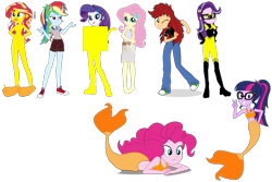 Size: 2508x1672 | Tagged: safe, edit, imported from derpibooru, applejack, fluttershy, pinkie pie, rainbow dash, rarity, sci-twi, starlight glimmer, sunset shimmer, twilight sparkle, mermaid, equestria girls, 1000 hours in ms paint, humane five, humane seven, humane six, mermaidized, simple background, species swap, transparent background