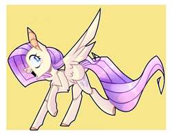 Size: 1697x1331 | Tagged: safe, artist:chillout, imported from derpibooru, fluttershy, pegasus, pony, alternate hairstyle, chest fluff, cute, female, mare, open mouth, raised hoof, raised leg, shyabetes, simple background, solo, trotting, yellow background