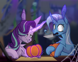 Size: 1431x1135 | Tagged: safe, artist:chillout, imported from derpibooru, starlight glimmer, trixie, pony, unicorn, chest fluff, curved horn, duo, female, glowing horn, halloween, holiday, horn, knife, levitation, magic, mare, mouth hold, paper, pumpkin, pumpkin carving, raised hoof, table, telekinesis