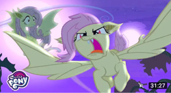 Size: 496x269 | Tagged: safe, imported from derpibooru, screencap, fluttershy, bat, bat pony, pegasus, pony, bats!, angry, bat ponified, fangs, flutterbat, full moon, moon, my little pony logo, race swap, shocked, solo, spread wings, time, wings, youtube link