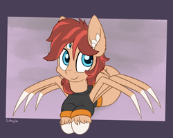 Size: 1750x1400 | Tagged: safe, artist:litrojia, imported from derpibooru, oc, oc only, oc:cottonwood kindle, monster pony, original species, spiderpony, clothes, ear fluff, hoodie, looking at you, male, multiple eyes, sitting, smiling at you, solo, species swap, unshorn fetlocks