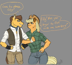 Size: 738x668 | Tagged: safe, artist:theartfox2468, edit, imported from derpibooru, applejack, caramel, anthro, earth pony, applejack's hat, arm freckles, arm in arm, ascot, bandage, carajack, clothes, cowboy hat, cropped, dialogue, female, fingerless gloves, flirting, freckles, gloves, gray background, hat, jeans, looking at each other, male, mare, pants, plaid shirt, scar, shipping, shirt, simple background, stallion, straight, vest