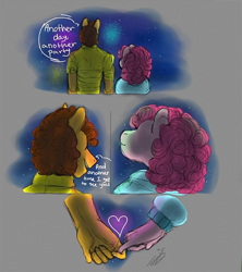 Size: 736x827 | Tagged: safe, artist:theartfox2468, edit, imported from derpibooru, cheese sandwich, pinkie pie, anthro, earth pony, cheesepie, clothes, comic, cropped, cute, dialogue, facing away, female, fireworks, floating heart, gray background, heart, hidden eyes, holding hands, male, mare, night, pinkie finger, shipping, shirt, simple background, stallion, stars, straight