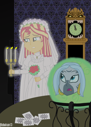 Size: 2500x3500 | Tagged: safe, artist:robukun, imported from derpibooru, sunset shimmer, zecora, ghost, undead, equestria girls, bride, candlestick, card, clothes, crystal ball, dress, madame leota, melanie ravenswood, phantom manor, the haunted mansion, wedding dress