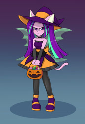 Size: 1100x1600 | Tagged: safe, artist:mew-me, imported from derpibooru, aria blaze, equestria girls, angry, ariabetes, bare shoulders, blushing, bow, bucket, candy, cat ears, cat tail, clothes, costume, cute, dress, food, gradient background, grumpy, halloween, halloween costume, hat, holiday, looking at you, madorable, pumpkin bucket, simple background, sleeveless, solo, strapless, tail, trick or treat, tsundaria, tsundere, wings, wizard hat