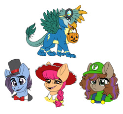 Size: 1164x1087 | Tagged: safe, artist:celestial-rainstorm, imported from derpibooru, oc, oc:gavin, oc:pippin, oc:pixel stream, oc:proud skies, earth pony, griffon, pegasus, pony, clothes, colt, costume, female, filly, jessie (toy story), luigi, male, nightmare night costume, offspring, parent:apple bloom, parent:button mash, parent:rumble, parent:scootaloo, parent:sweetie belle, parent:tender taps, parents:gabbus, parents:rumbloo, parents:sweetiemash, parents:tenderbloom, simple background, white background