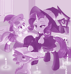 Size: 1280x1338 | Tagged: safe, artist:dstears, imported from derpibooru, rarity, spike, sweetie belle, dragon, pony, unicorn, arm warmers, book, candle, cauldron, clothes, costume, cute, diasweetes, digital art, exposed shoulders, female, filly, halloween, halloween costume, hat, holiday, mare, nightmare night, potion, siblings, sisters, skirt, skull, smiling, socks, spellbook, stockings, sweat, sweatdrop, thigh highs, witch, witch hat