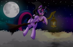 Size: 3296x2160 | Tagged: safe, alternate version, artist:darbedarmoc, imported from derpibooru, twilight sparkle, alicorn, pony, blushing, broom, butt, candle, clothes, cloud, costume, dock, female, flying, flying broomstick, frog (hoof), halloween, hat, high res, holiday, hooves, horn, lamp, lantern, looking at you, looking back, looking back at you, mare, moon, multiple variants, night, plot, presenting, rear view, robe, sky, solo, spreading, stars, tail, tail aside, tongue out, twilight sparkle (alicorn), two toned mane, underhoof, wings, witch, witch costume, witch hat