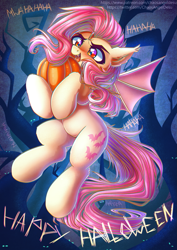 Size: 1061x1500 | Tagged: safe, artist:chaosangeldesu, imported from derpibooru, fluttershy, bat pony, pony, bat ponified, chromatic aberration, cute, ear fluff, female, flutterbat, flying, halloween, heart eyes, holiday, laughing, leg fluff, open mouth, pumpkin, race swap, shyabates, shyabetes, solo, wingding eyes