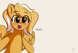 Size: 2500x1700 | Tagged: safe, artist:potato22, imported from derpibooru, oc, oc only, oc:oulie mareota, pegasus, pony, blushing, dialogue, eye clipping through hair, eyebrows, eyebrows visible through hair, female, mare, open mouth, simple background, smiling, solo, spread wings, wah, white background, wings