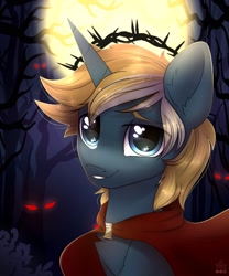 Size: 1498x1800 | Tagged: safe, artist:radioaxi, artist:reterica, imported from derpibooru, oc, oc only, oc:wooded bastion, pony, unicorn, background eyes, blonde hair, blonde mane, blue coat, bust, cape, clasp, cloak, clothes, creepy, crown of thorns, cyan coat, eye clipping through hair, eyebrows, eyebrows visible through hair, glowing eyes, halo, lidded eyes, male, moon, night, pin, portrait, smiling, solo, stallion, tree