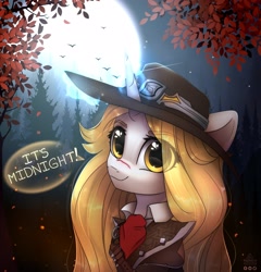 Size: 2016x2100 | Tagged: safe, artist:radioaxi, artist:reterica, imported from derpibooru, oc, oc only, bird, pony, unicorn, bust, clothes, costume, cut, dialogue, eye clipping through hair, eyebrows, eyebrows visible through hair, female, forest, glowing horn, halloween, halloween costume, hat, holiday, horn, magic, mare, moon, night, portrait, scenery, smiling at you, solo, tree, van helsing