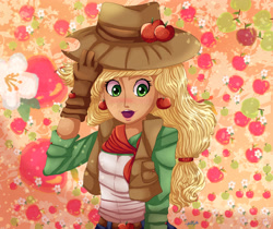 Size: 3445x2894 | Tagged: safe, artist:theladysknight, imported from derpibooru, applejack, human, alternate hairstyle, apple, applejack's hat, bandana, belt, blushing, clothes, cowboy hat, cowboy vest, cowgirl, denim skirt, ear piercing, earring, female, food, freckles, gloves, hat, humanized, jewelry, open mouth, piercing, shirt, skirt, solo, stetson, vest