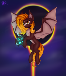 Size: 2600x3000 | Tagged: safe, artist:xanter, imported from derpibooru, oc, oc only, oc:fire glow, bat pony, pony, bat wings, dark souls, eclipse, fangs, female, flying, league of legends, mare, solar eclipse, solo, spread wings, sun, tail, wings