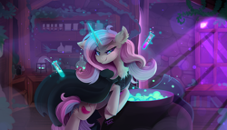 Size: 3500x2000 | Tagged: safe, artist:liquorice_sweet, imported from derpibooru, potion nova, pony, unicorn, my little pony: pony life, cauldron, enchantress, evil, female, g4.5, lidded eyes, mare, potion, potions, smiling, solo