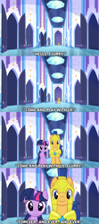 Size: 1920x4320 | Tagged: safe, anonymous artist, imported from derpibooru, flash sentry, princess flurry heart, twilight sparkle, alicorn, covering, creepy, crystal empire, frightened, halloween, hallway, holiday, looking at you, lyrics in the description, movie parody, nightmare night, parody, the shining, twilight sparkle (alicorn), uncanny valley, walking towards you, wing covering, youtube link