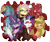 Size: 2426x2057 | Tagged: safe, artist:saturdaymorningproj, imported from derpibooru, applejack, fluttershy, pinkie pie, rainbow dash, rarity, twilight sparkle, earth pony, ghost, ghost pony, gorgon, medusa, pegasus, undead, unicorn, vampire, vampony, werewolf, clothes, costume, halloween, halloween costume, hat, holiday, mane six, medusashy, simple background, transparent background, witch, witch hat