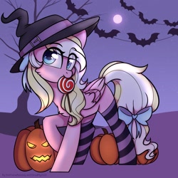 Size: 2048x2048 | Tagged: safe, artist:_lazy_cloud, artist:cloud-fly, imported from derpibooru, oc, oc only, oc:bay breeze, pegasus, pony, bow, candy, chest fluff, clothes, cute, female, food, hair bow, halloween, hat, holiday, lollipop, looking at you, mare, missing cutie mark, mouth hold, pumpkin, socks, striped socks, tail bow, witch hat