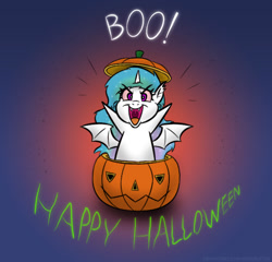 Size: 642x616 | Tagged: safe, artist:banebuster, imported from derpibooru, princess celestia, bat pony, pony, series:tiny tia, bat ponified, batlestia, fangs, halloween, holiday, jack-o-lantern, pointy ponies, pumpkin, race swap, solo, spread wings, wings