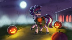 Size: 2500x1406 | Tagged: safe, artist:enderselyatdark, imported from derpibooru, starlight glimmer, pony, unicorn, alternate hairstyle, candy, clothes, costume, cute, fog, food, full moon, glimmerbetes, halloween, holiday, jack-o-lantern, mist, moon, night, nightmare night, pumpkin, solo