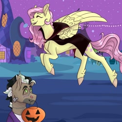 Size: 1280x1280 | Tagged: safe, artist:periwinklechick, imported from derpibooru, doctor caballeron, fluttershy, earth pony, pegasus, pony, vampire, caballershy, candy pail, cape, clothes, costume, female, frankenstein's monster, male, mare, mouth hold, night, nightmare night, nightmare night costume, ponyville, pumpkin bucket, shipping, stallion, straight