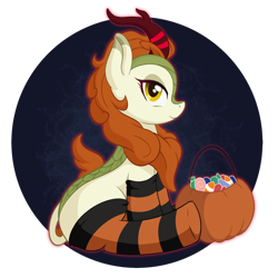 Size: 1024x1024 | Tagged: safe, artist:nathayro37, artist:ravenirik, imported from derpibooru, autumn blaze, kirin, awwtumn blaze, candy, clothes, cute, food, halloween, holiday, pumpkin, pumpkin bucket, simple background, socks, solo, striped socks, transparent background