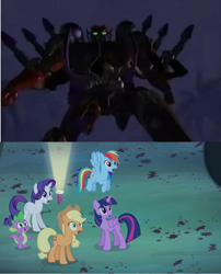 Size: 1056x1307 | Tagged: safe, edit, edited screencap, imported from derpibooru, screencap, applejack, rainbow dash, rarity, spike, twilight sparkle, alicorn, bats!, beast wars, clash of hasbro's titans, comparison, flashlight (object), protoform x, rampage (bw), transformers, twilight sparkle (alicorn)